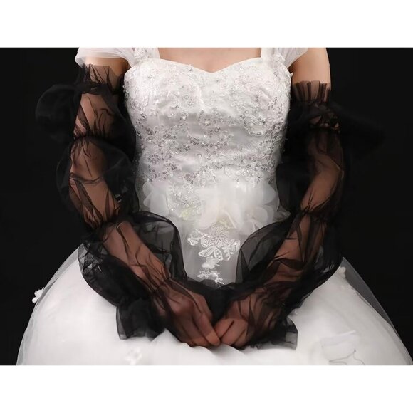 Women's Dark Green Fingerless Elegant Fancy Stretchy Tulle Puffy Long Gloves - Picture 3 of 6